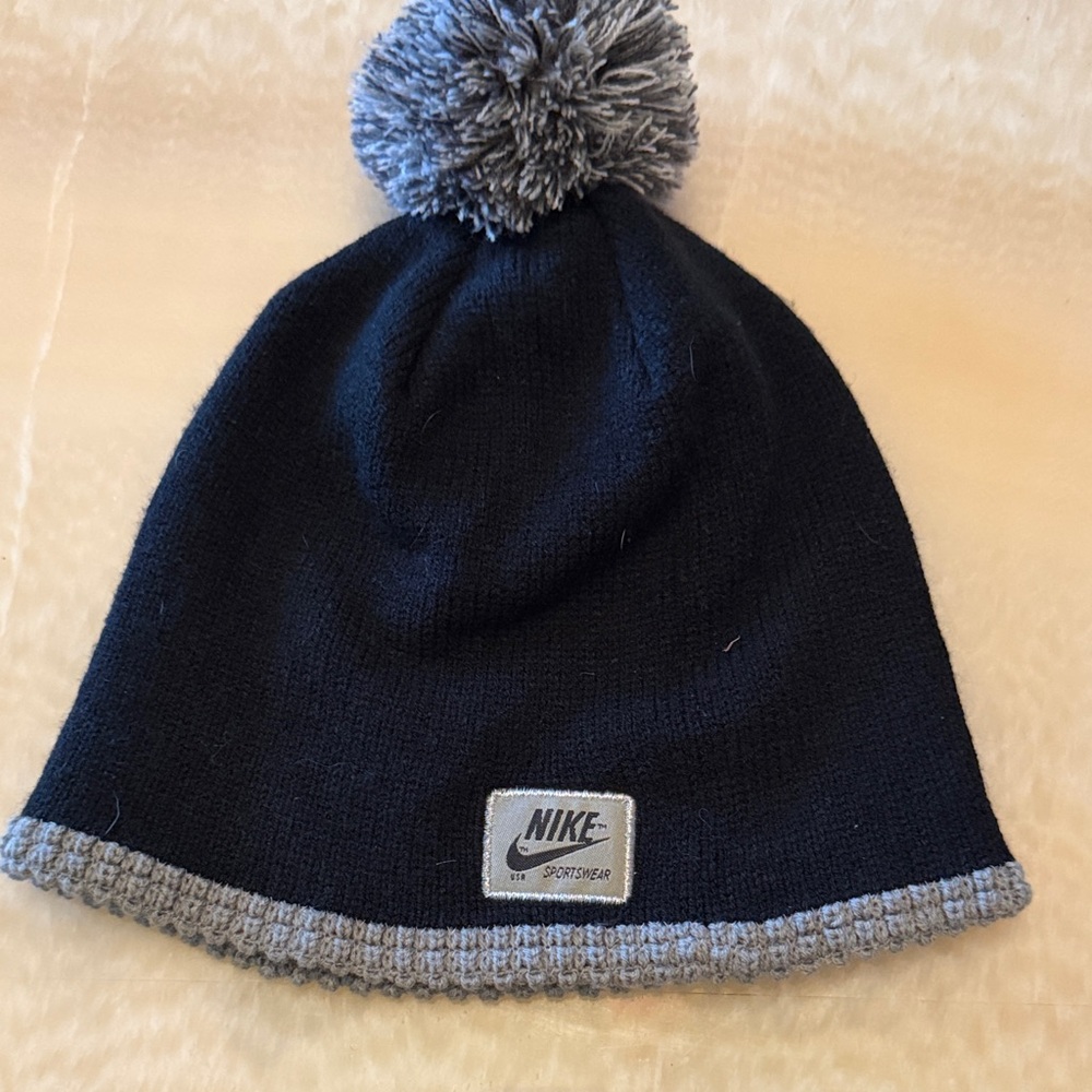 Nike Kids Navy Beanie with Gray Pom